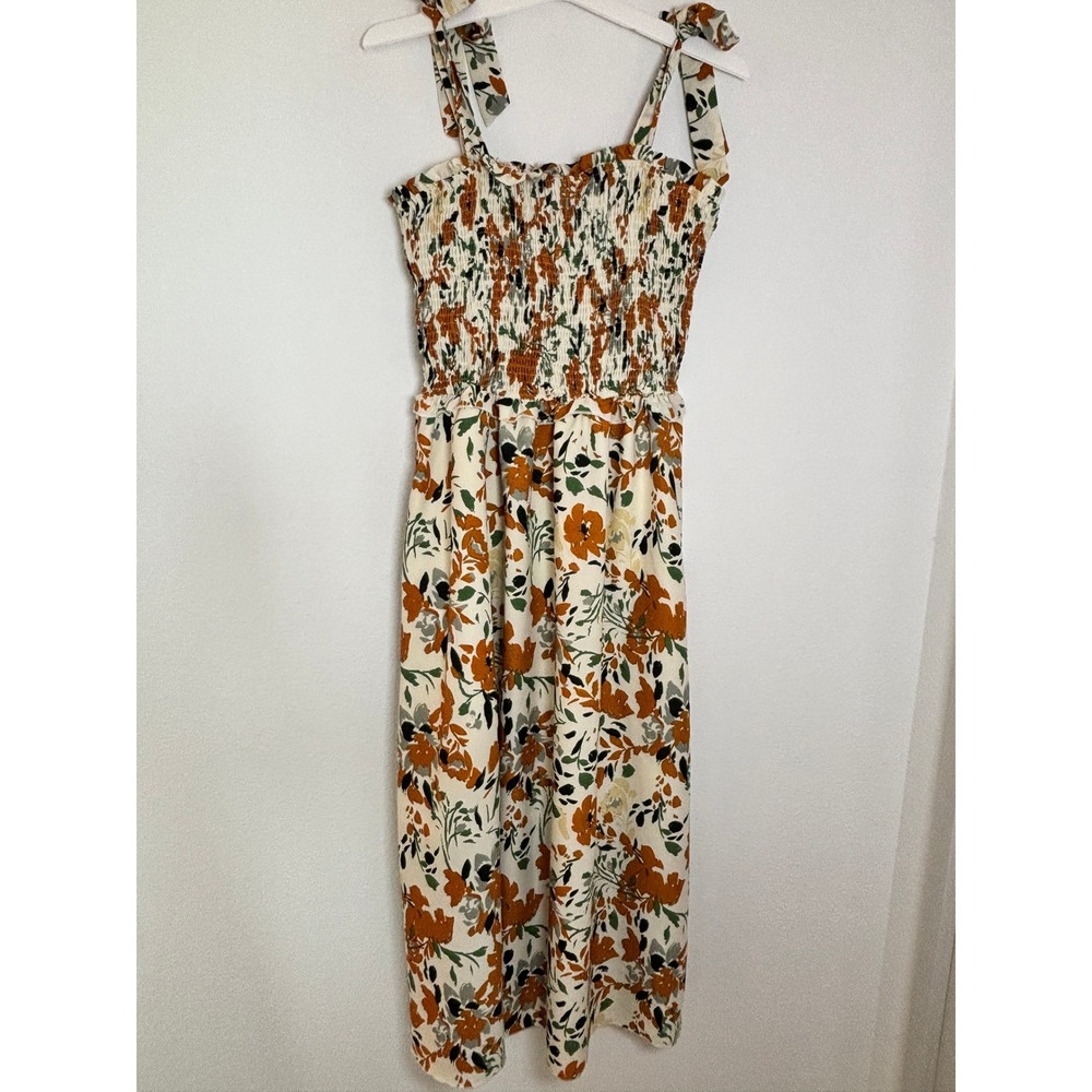 Miss Sparkling Floral Smocked Maxi Dress XL Rust Cream Tie Strap Sleeveless